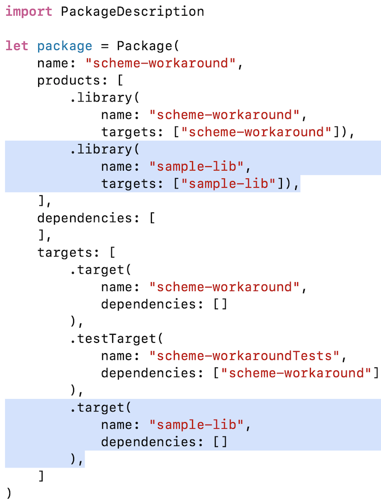 A screenshot of Xcode showing a sample entry of a matching library and target in a Swift Package Swift file