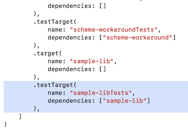 A screenshot of Xcode showing a sample entry of a matching test target in a Swift Package Swift file