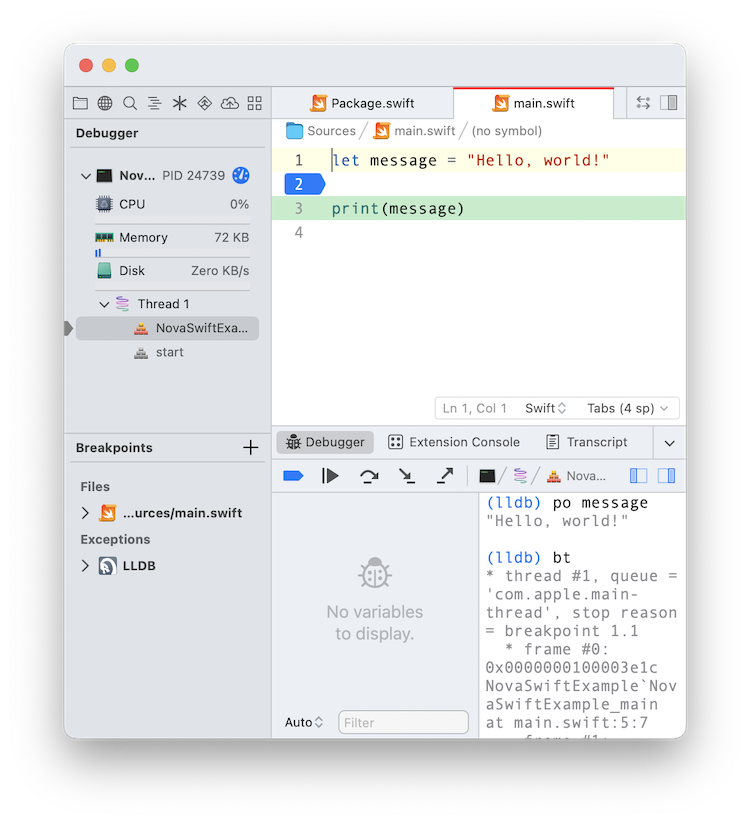 A screenshot of Nova showing Swift debug support